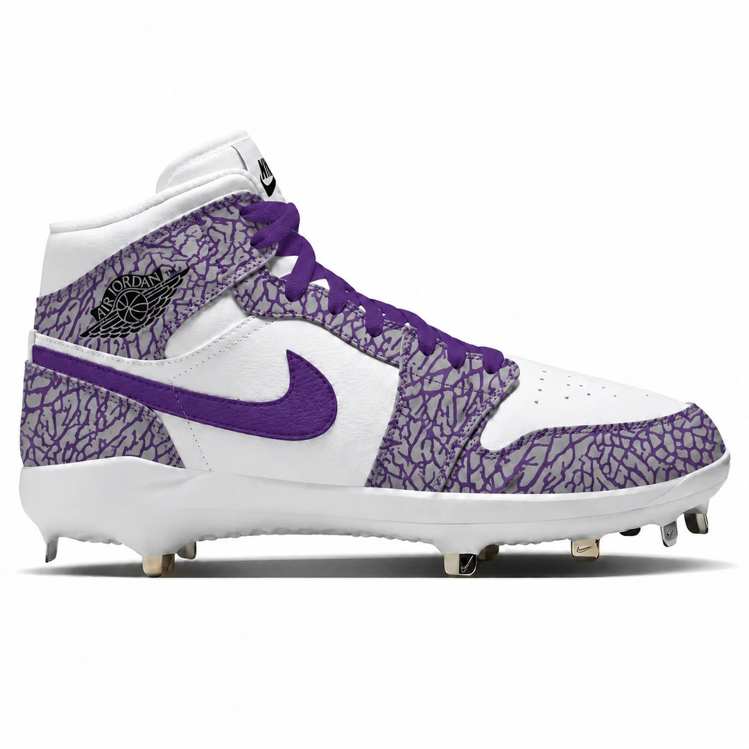 A Nike high-top baseball cleat in white and purple, featuring a purple cracked elephant print pattern on the overlays, a purple Nike Swoosh, and purple laces, shown from a side profile on a white background.