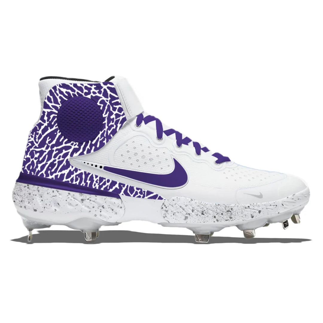 White and purple cleated shoe on a white background