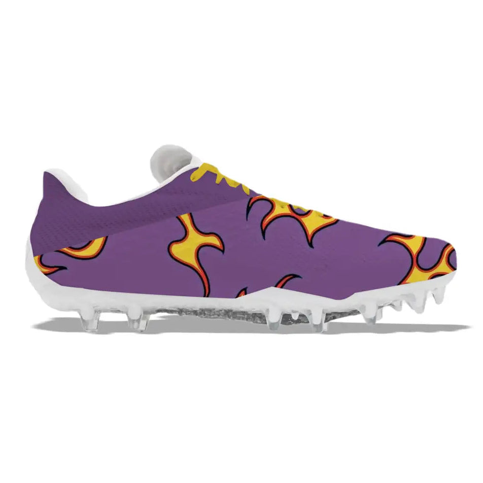 Purple and yellow flame-patterned Under Armour Blur MC Football Cleats for powerful plays