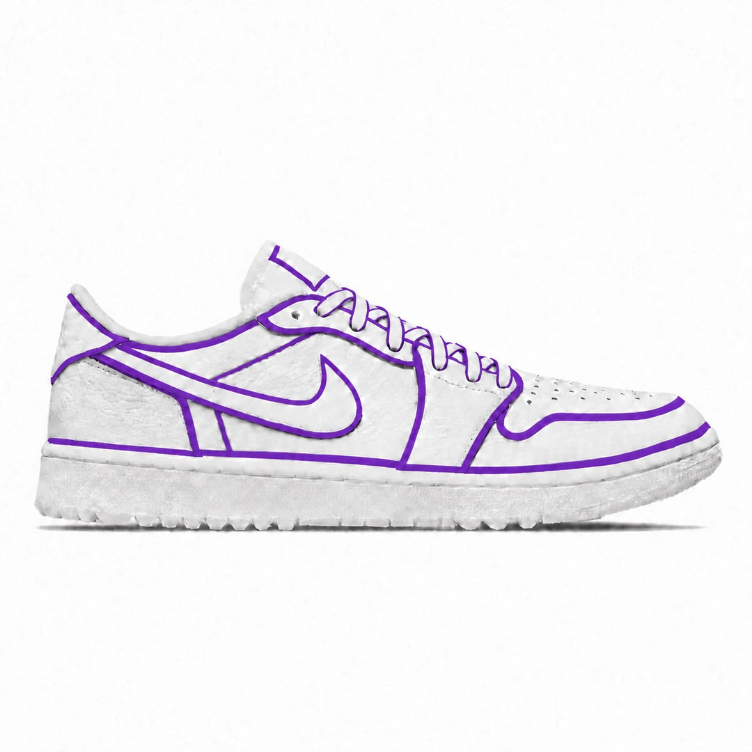A white low-top golf shoe with bold purple outline detailing, featuring a white textured leather upper, purple Nike Swoosh, purple laces, and a white rubber sole, shown in a side profile on a white background.