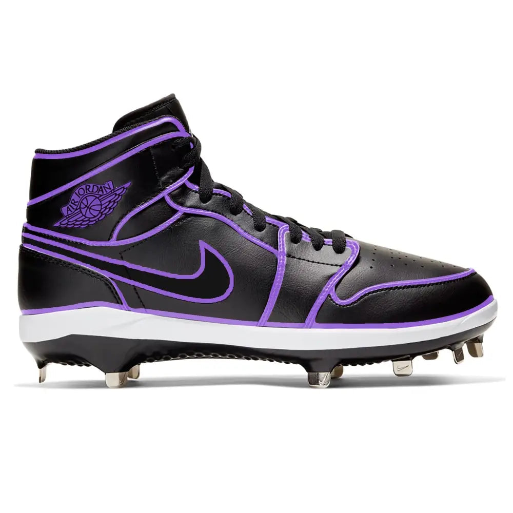 Black and purple cleated shoe with Nike logo on a white background