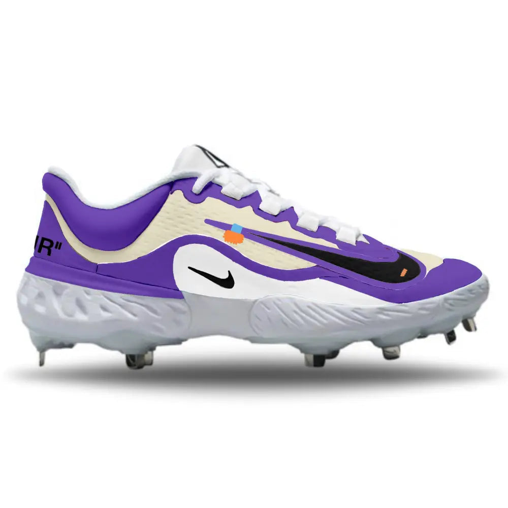 purple, cream white low top Off-White inspired baseball cleats.