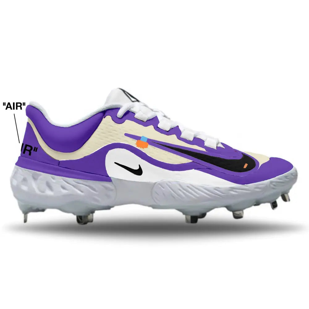 Purple and white baseball cleats with Nike logo on a white background