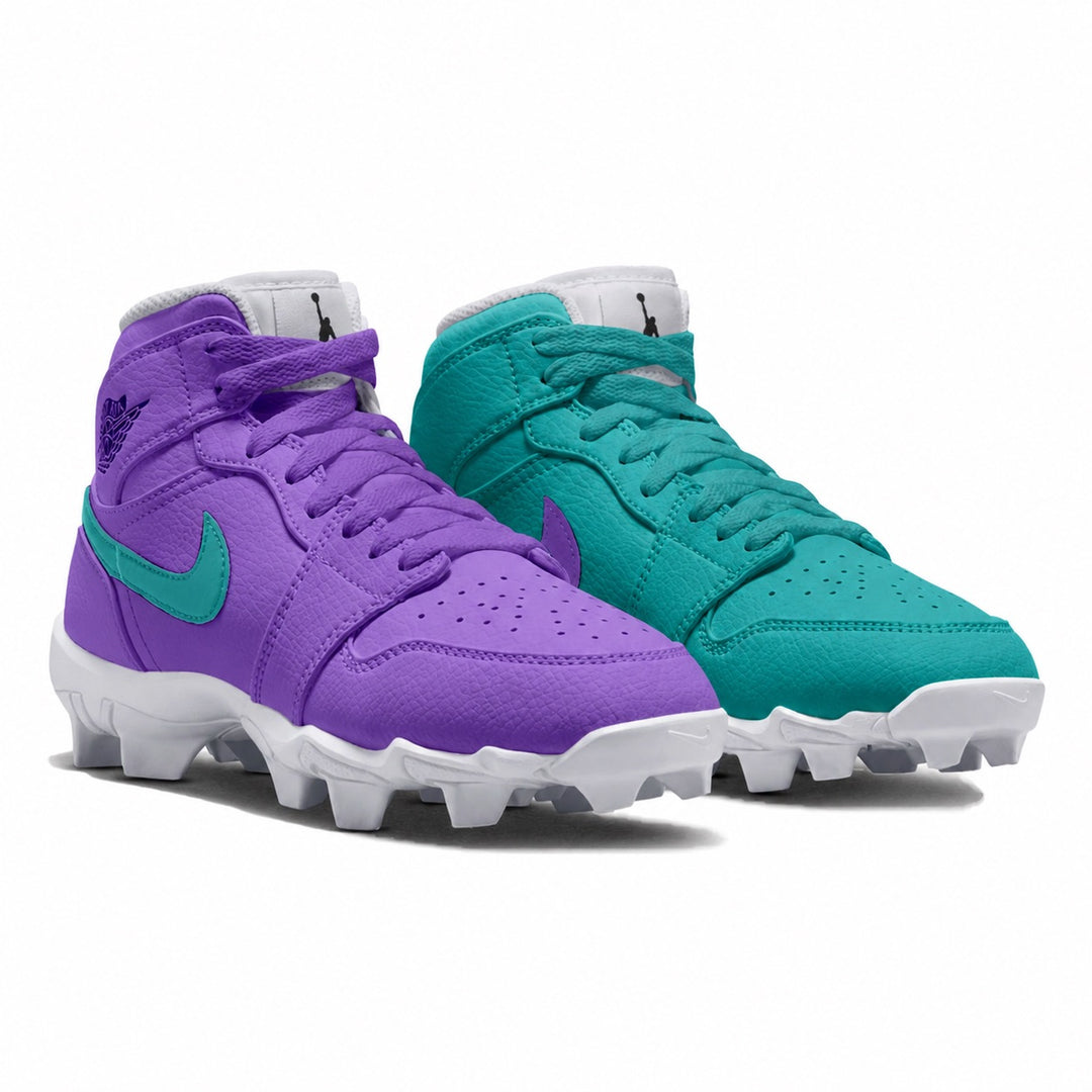 Custom colorway featuring a purple upper with teal Swoosh on the left cleat and a teal upper with purple Swoosh on the right cleat, both with white molded cleat soles by Stadium Custom Kicks.