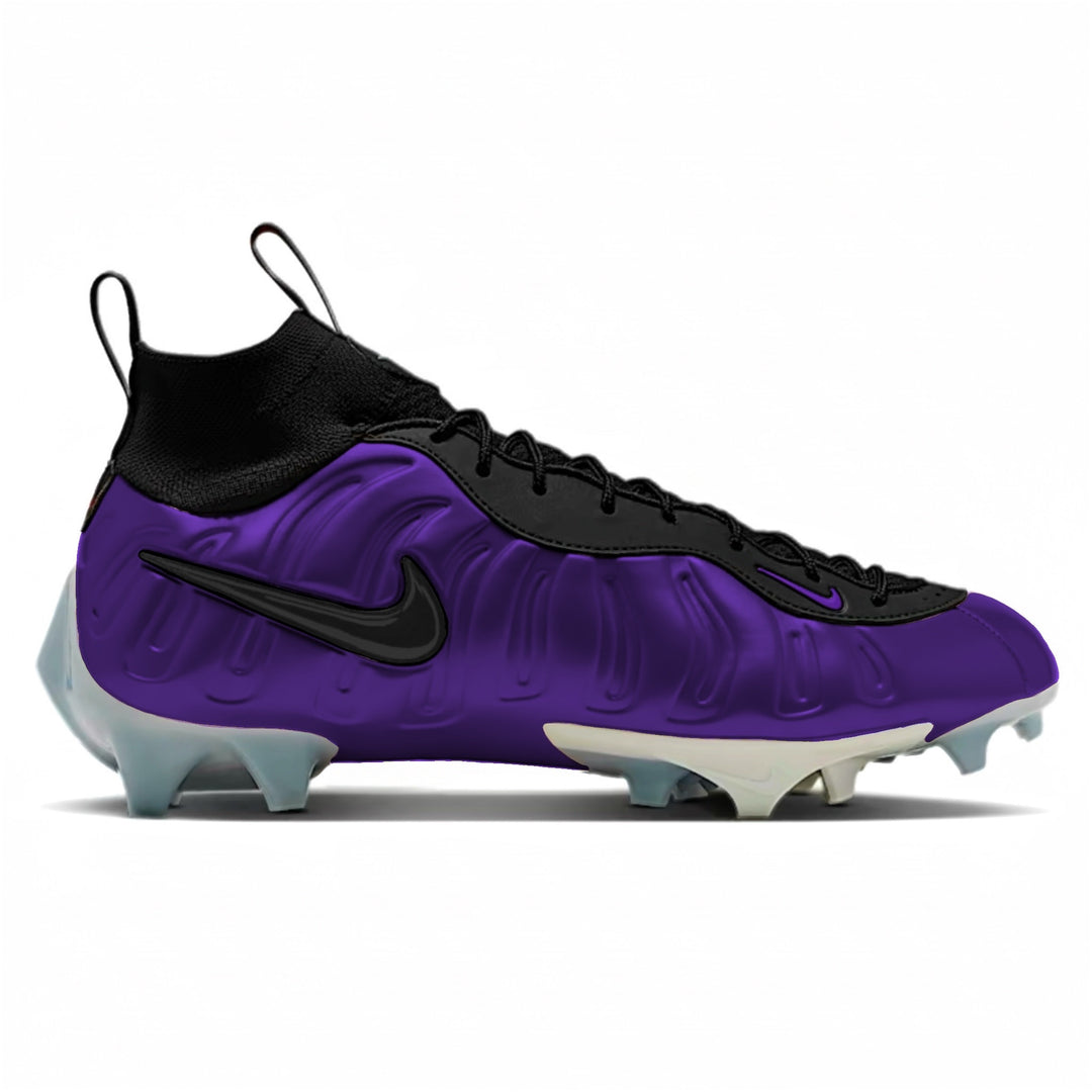 Nike Vaporposite Pro football cleats with purple molded shell, black knit collar and laces, black swoosh, and translucent studs.