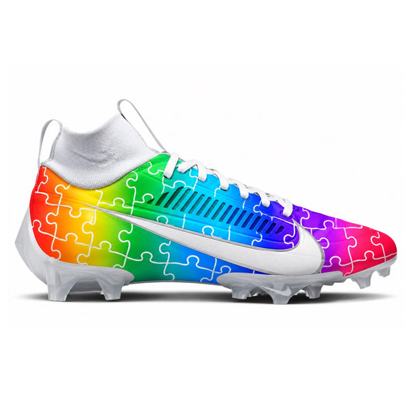 Rainbow Nike Vapor Edge Pro 360 2 football cleats with white puzzle piece pattern white Swoosh and translucent sole side view by Stadium Custom Kicks