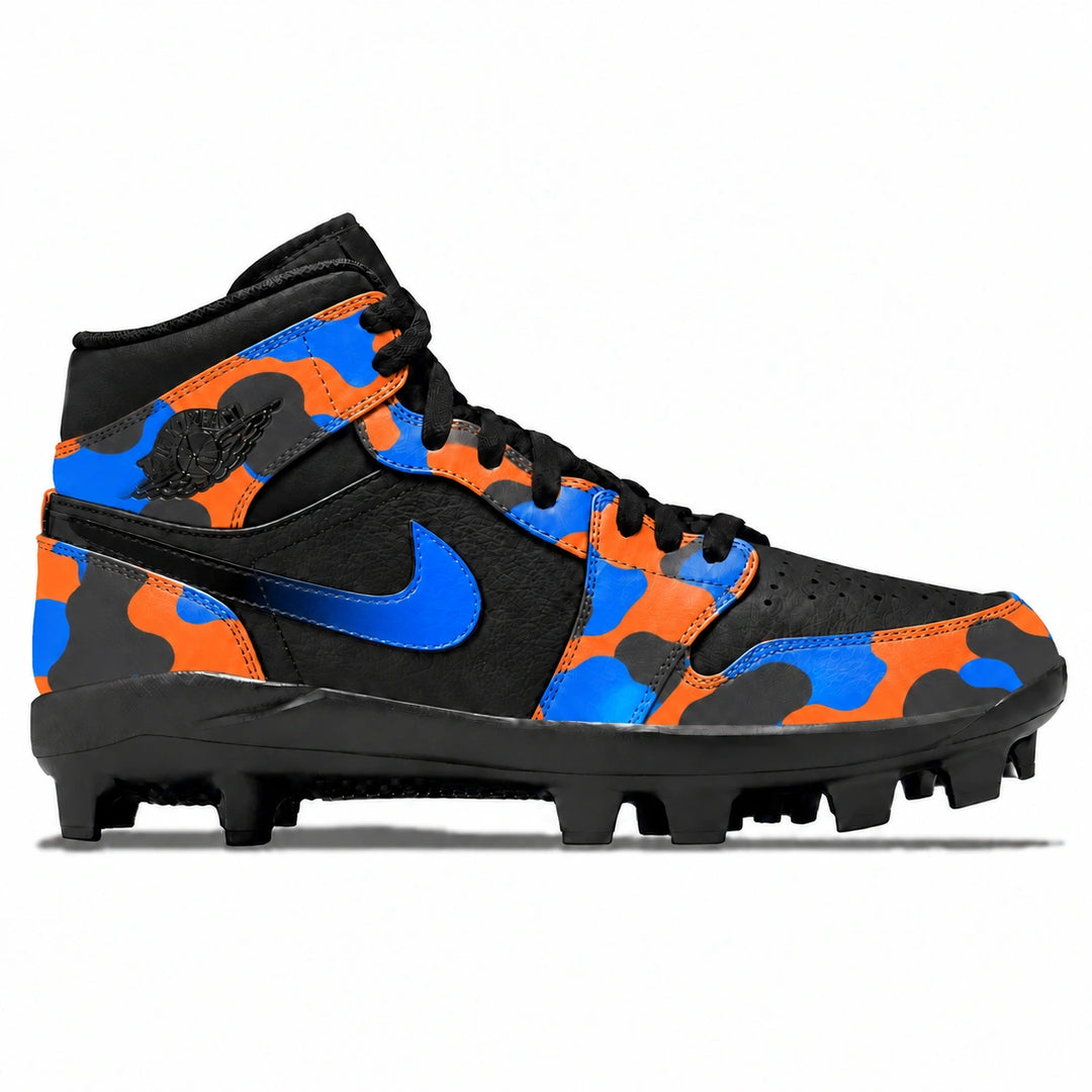 A Nike high-top baseball cleat featuring a black base with a vibrant blue and orange camouflage pattern on the overlays, black laces, and a black sole with studs.
