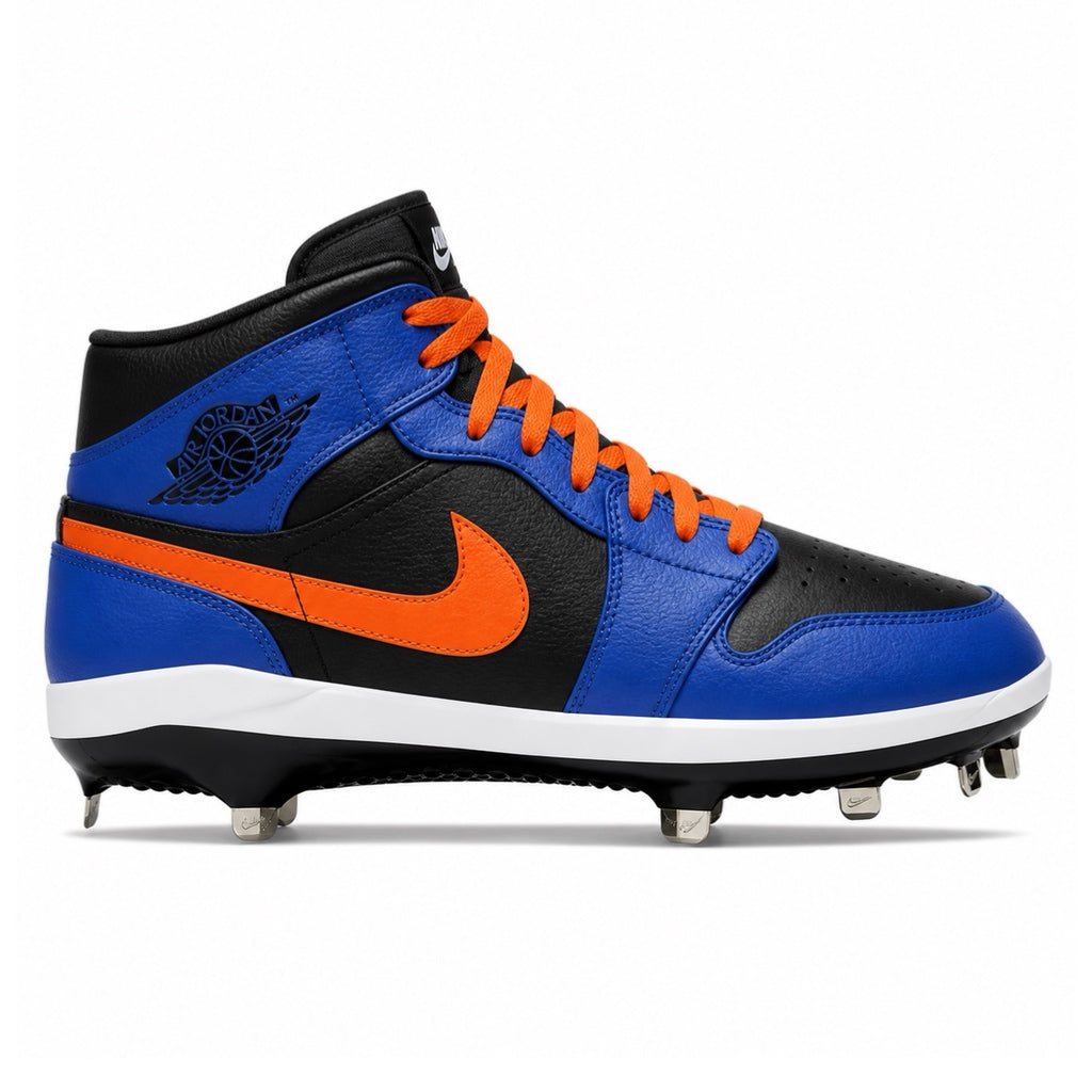Blue, black, and orange cleated shoe on a white background