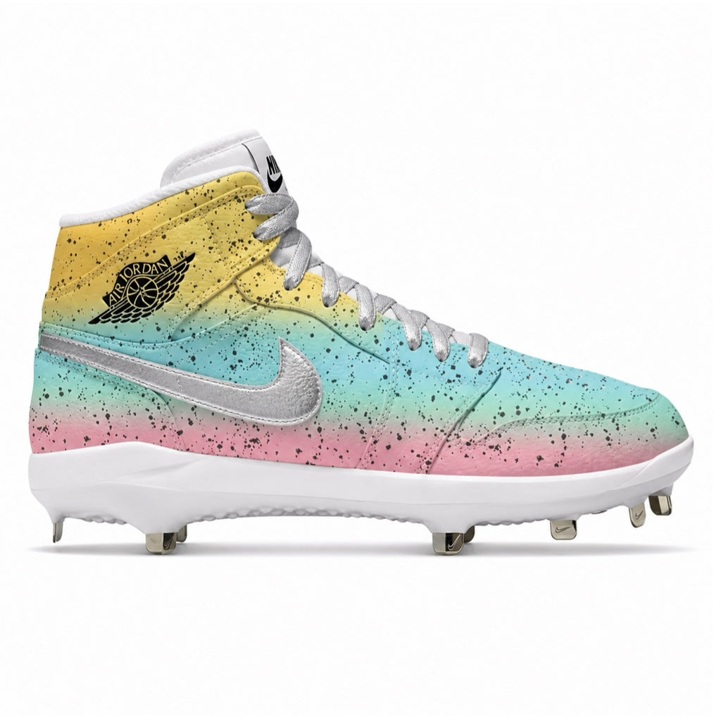 Colorful cleated shoe with gradient design on a white background