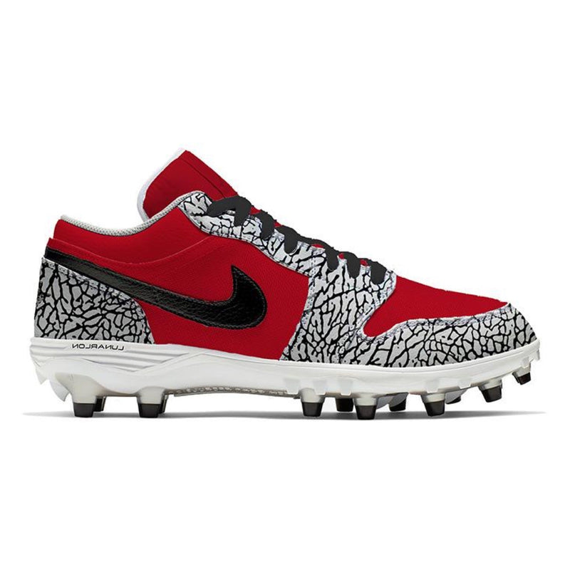 Red and gray Nike baseball cleat from Red Cement Jordan 1 TD Cleats collection