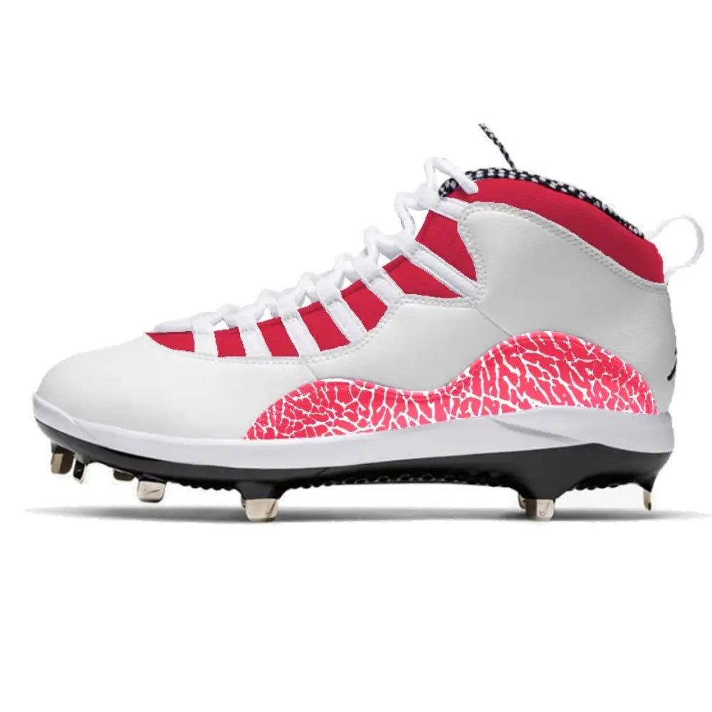 White and red Jordan Retro 10 Metal Baseball Cleats for optimal performance