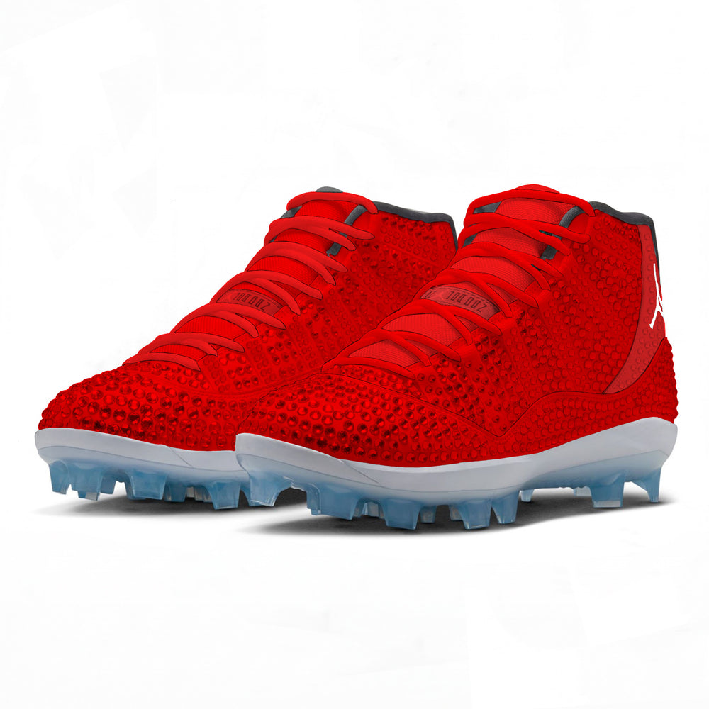 Red Crystals colorway featuring an all-red upper with a tonal crystal-textured pattern, white Jumpman logo, black collar lining, red laces, and a white midsole with icy translucent cleat outsole angled view by Stadium Custom Kicks. 