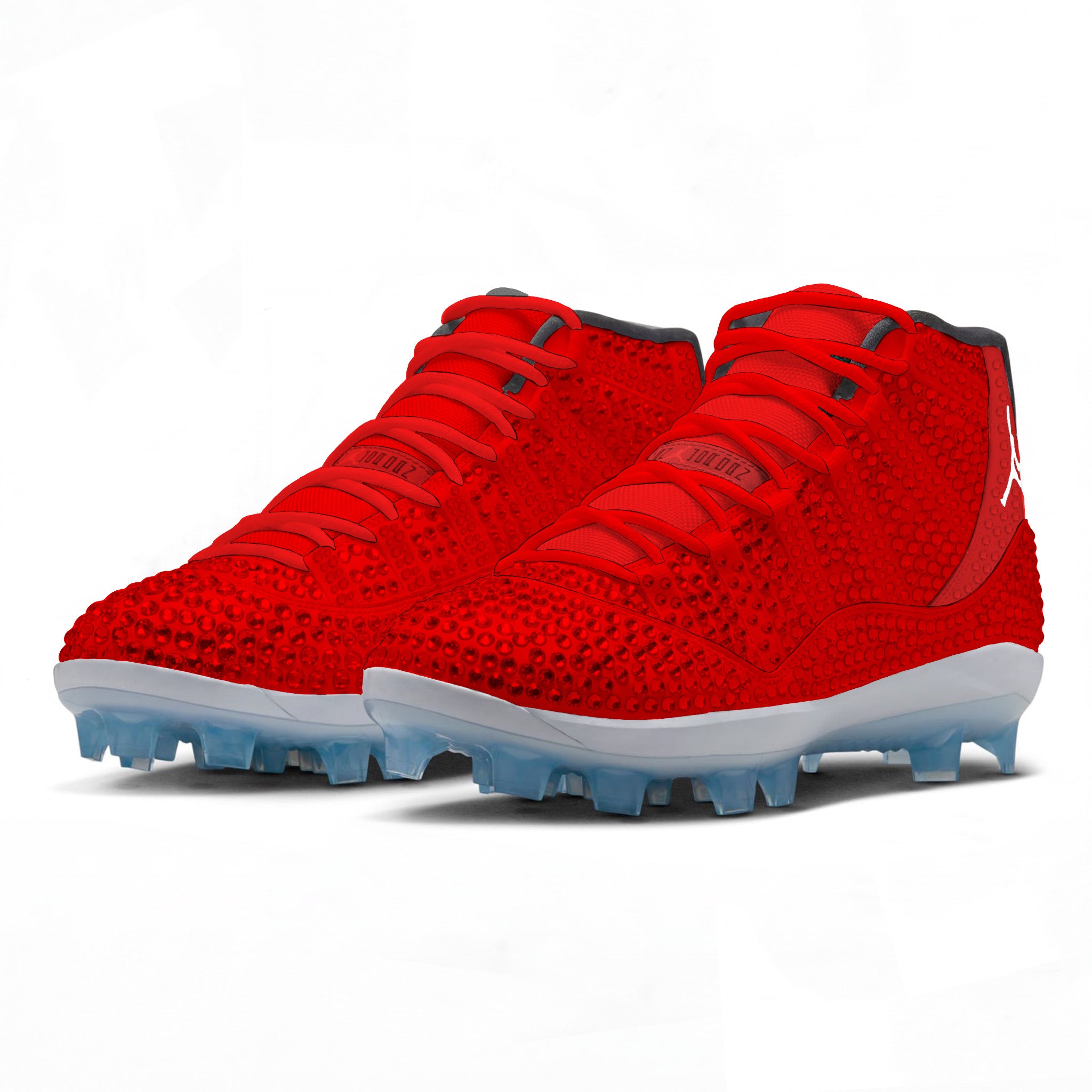 Red Crystals colorway featuring an all-red upper with a tonal crystal-textured pattern, white Jumpman logo, black collar lining, red laces, and a white midsole with icy translucent cleat outsole angled view by Stadium Custom Kicks. 