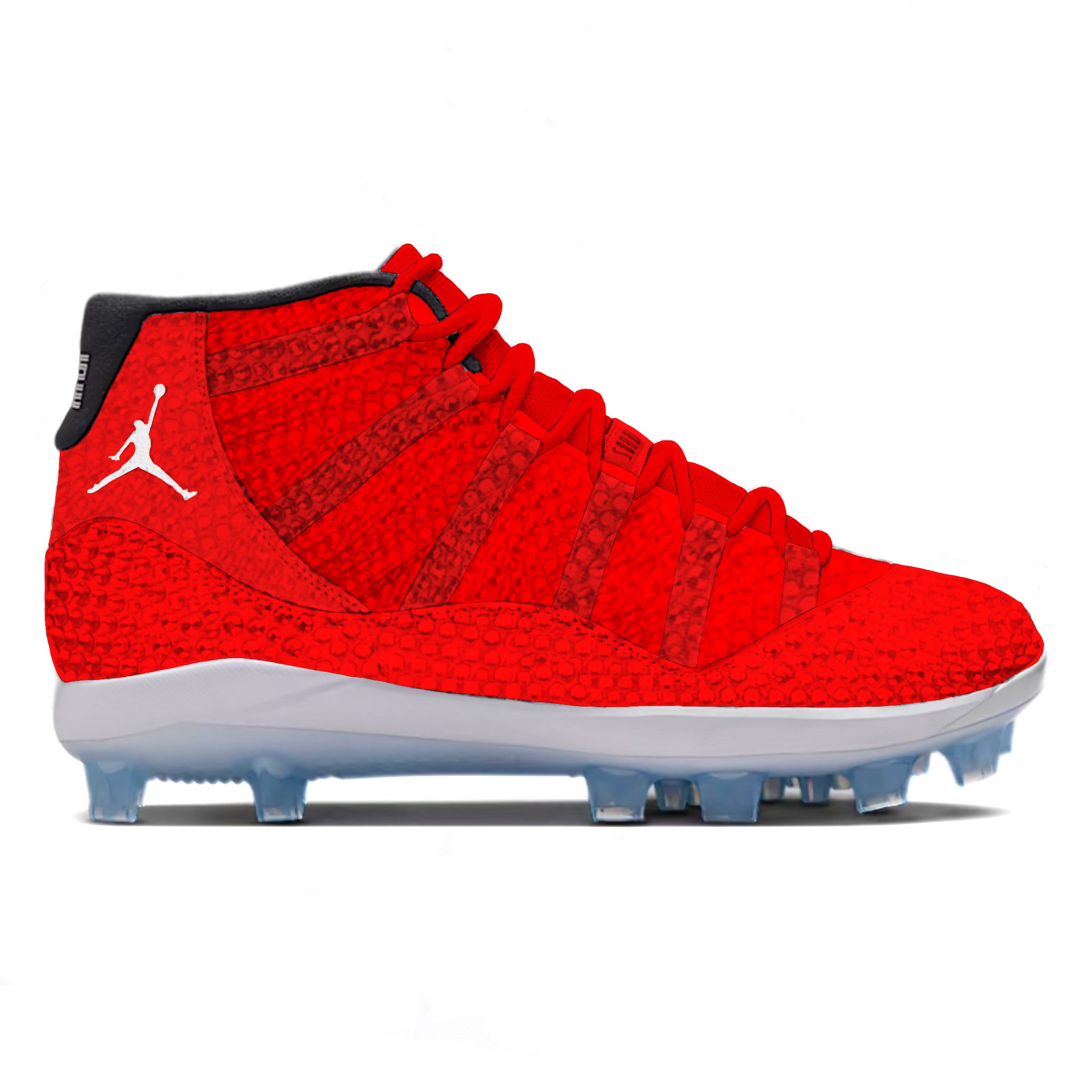 Red Crystals colorway featuring an all-red upper with a tonal crystal-textured pattern, white Jumpman logo, black collar lining, red laces, and a white midsole with icy translucent cleat outsole, side view by Stadium Custom Kicks.