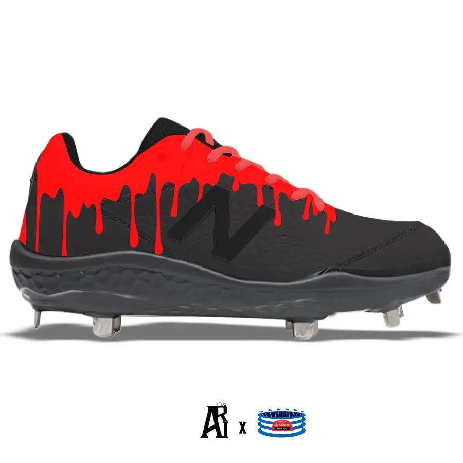 Black New Balance 3000v5 baseball cleat with striking red paint drips design