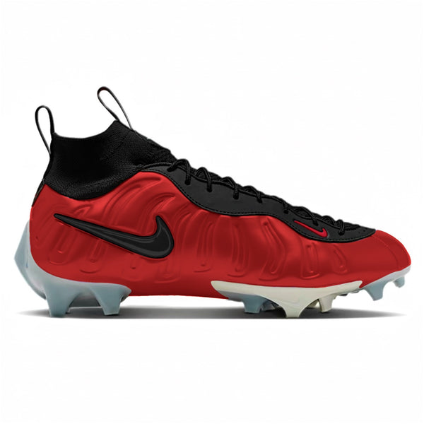 Red Eclipse custom Nike Vaporposite Pro football cleats in bold red foamposite shell with black collar and white cleat plate by Stadium Custom Kicks