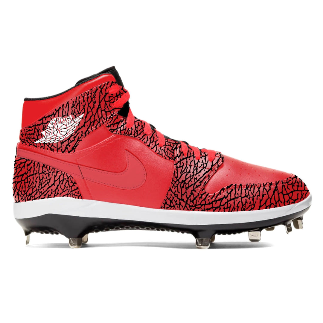 Red and black Jordan baseball cleat from Red Elephant Jordan 1 Retro Cleats collection