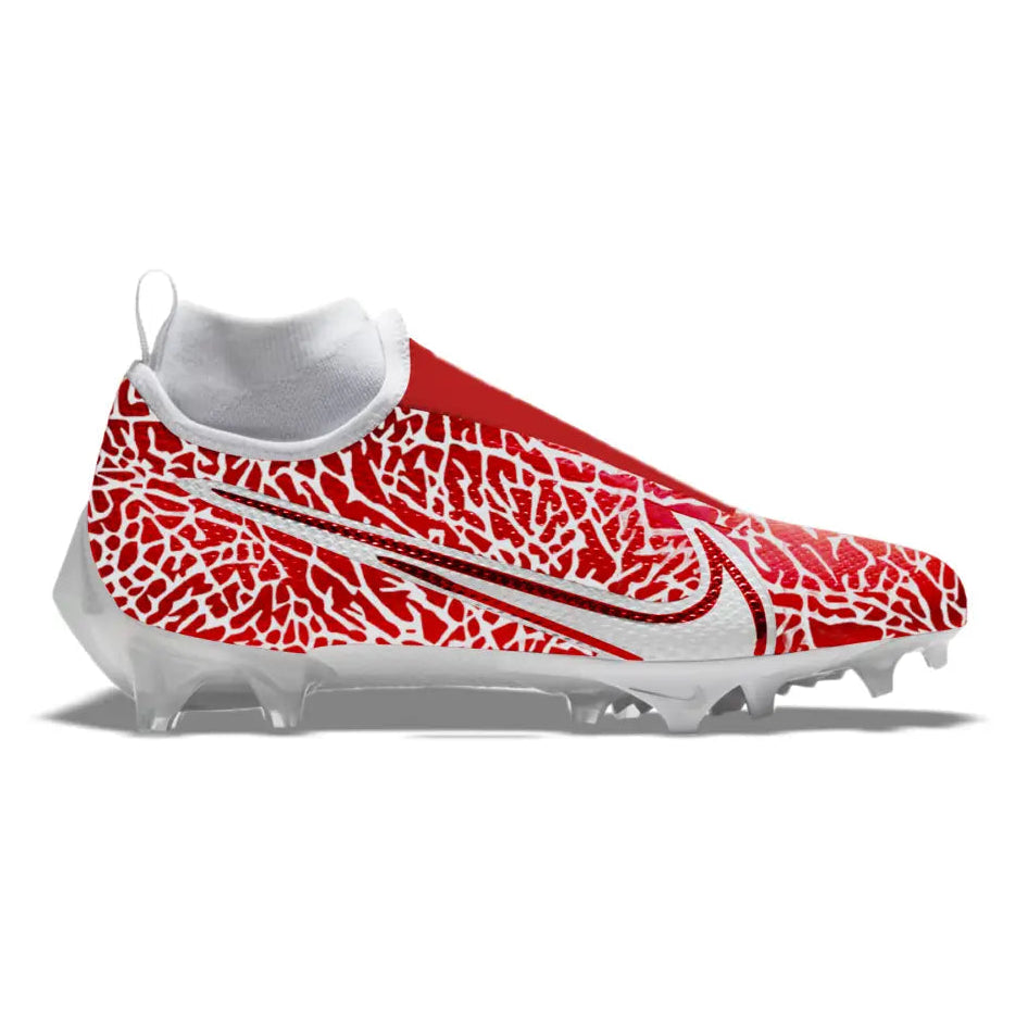 Red and white patterned Nike football cleat from Silver & Red Elephant Vapor Pro 360 collection
