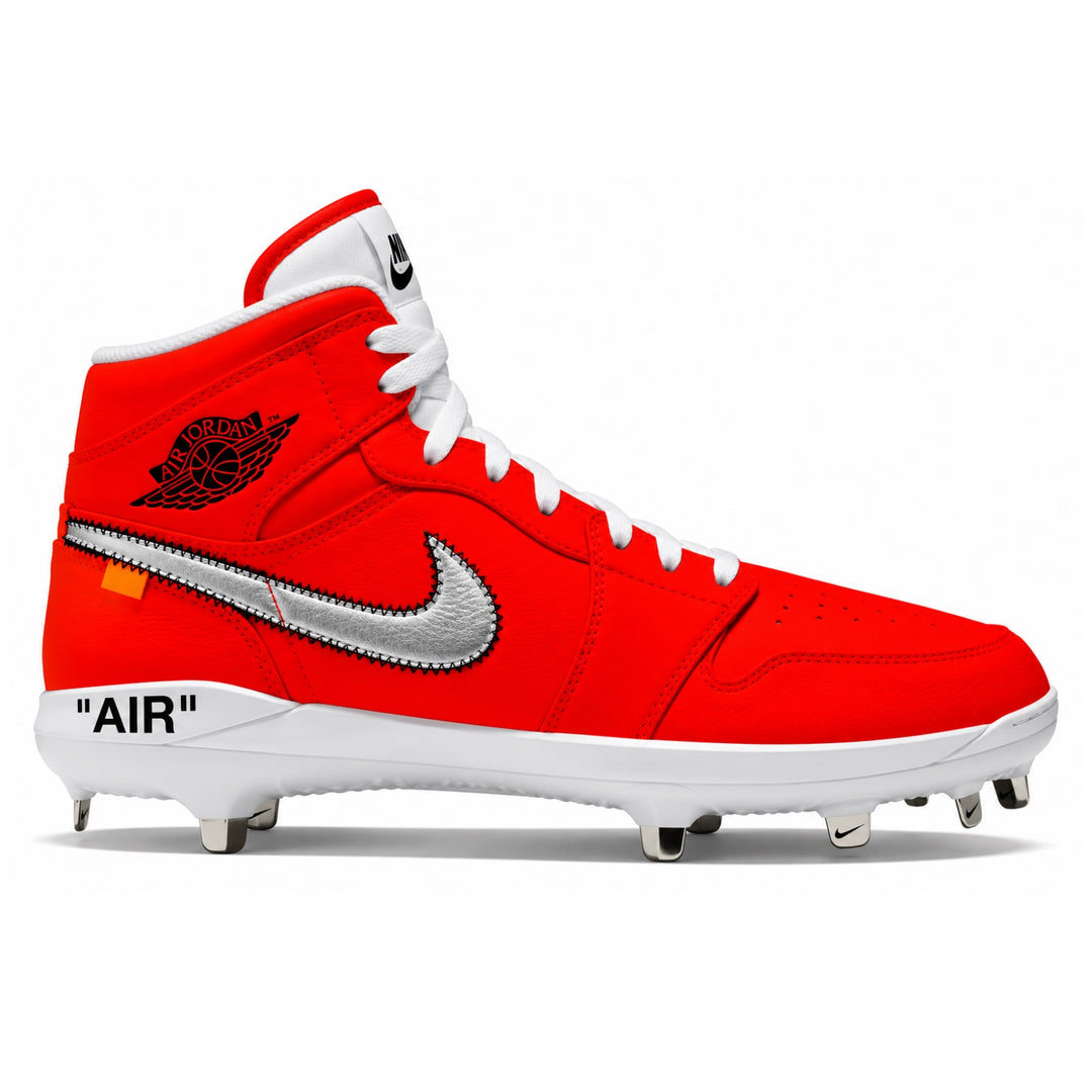 A red high-top baseball cleat featuring a metallic silver Nike Swoosh, a black Jordan Wings logo, white laces, and a white sole with metal studs. The side of the shoe also features 'AIR' text in quotation marks.