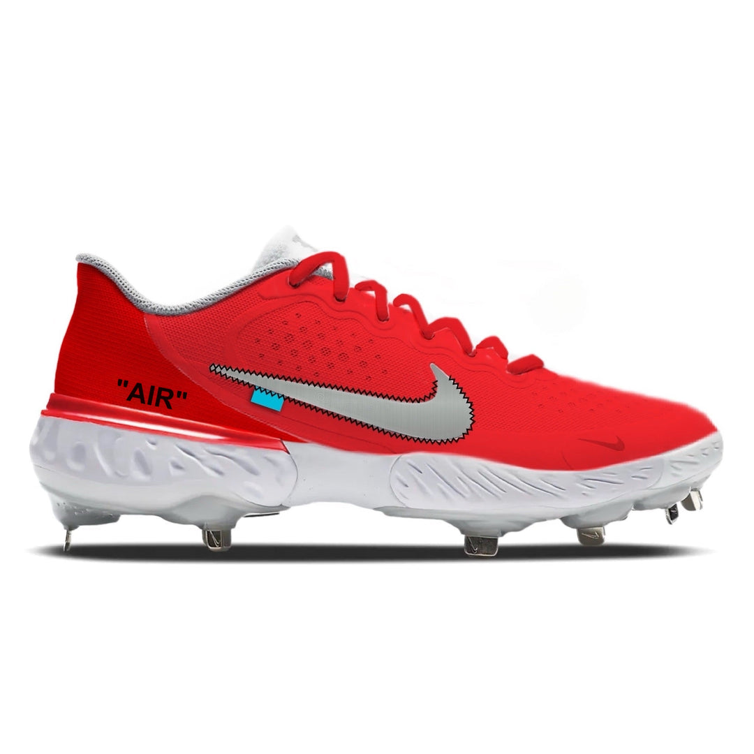 Red baseball cleats with white sole on a white background