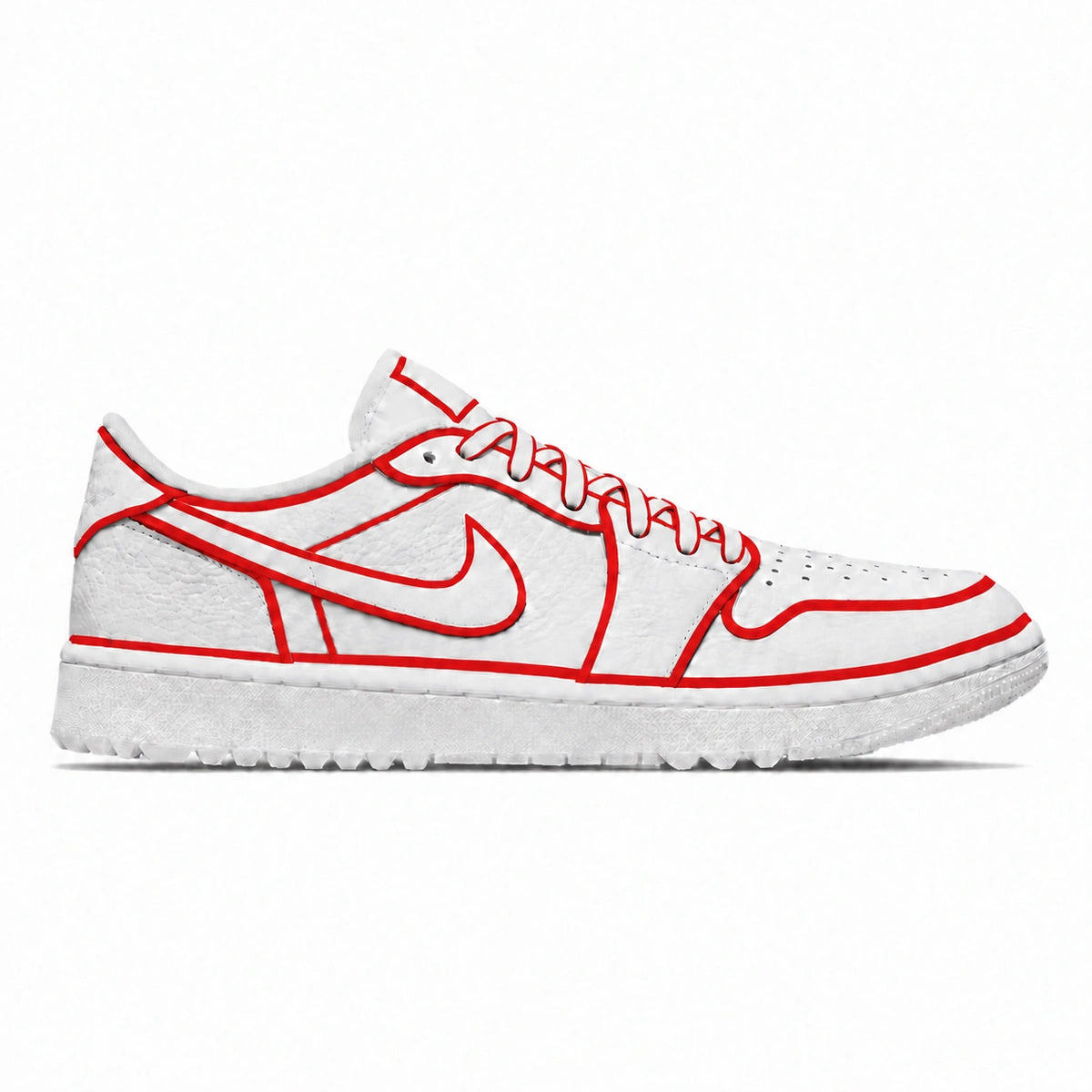 White Jordan 1 Low golf shoe with custom red panel outlines, an red-outlined Swoosh, and white laces with red edges, shown from the side.