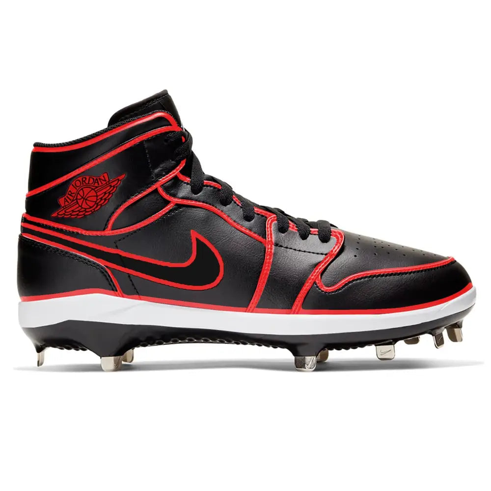 Black and red cleated shoe with a prominent logo on a white background