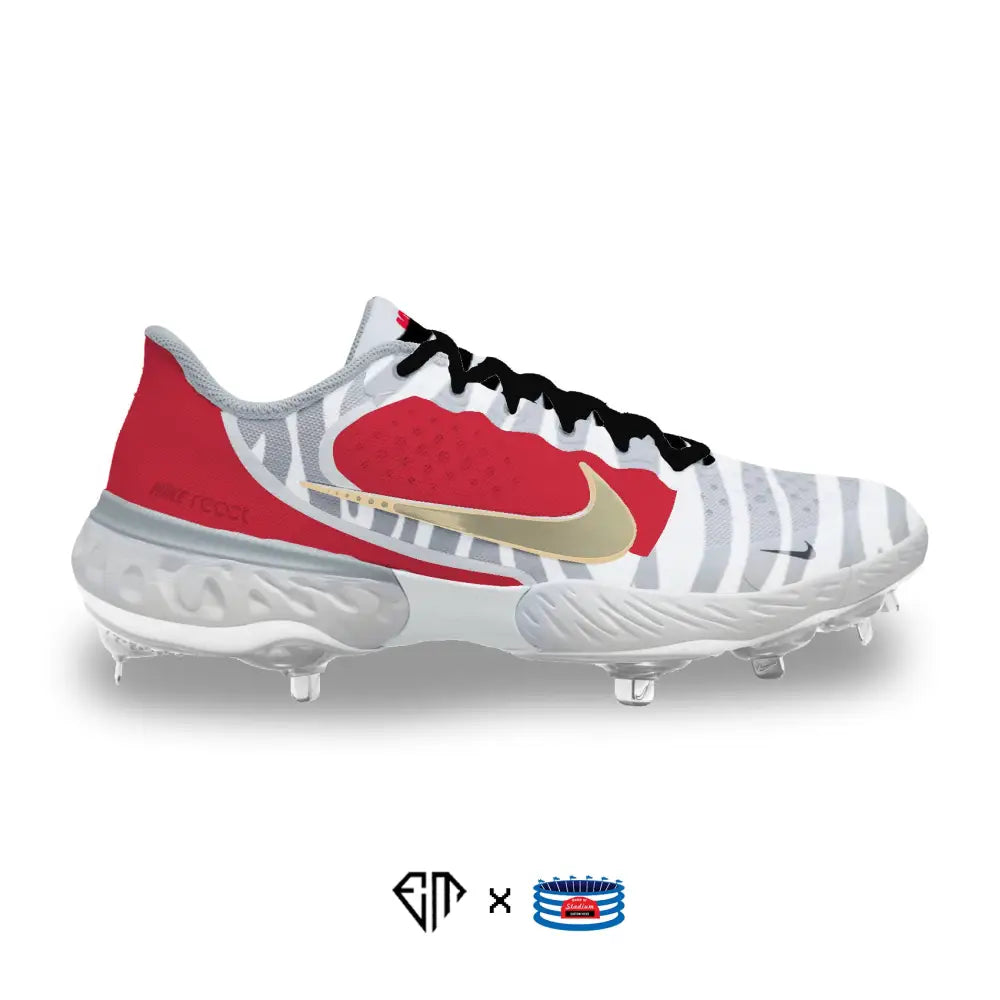 Red, white, and gold Nike Alpha Huarache Elite 3 Low Cleats for baseball performance