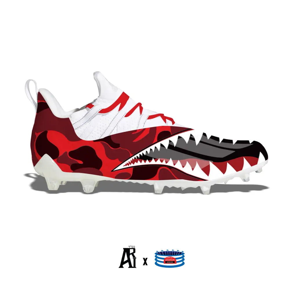 Red camouflage shark-themed Adidas Adizero 11.0 football cleats for performance and style