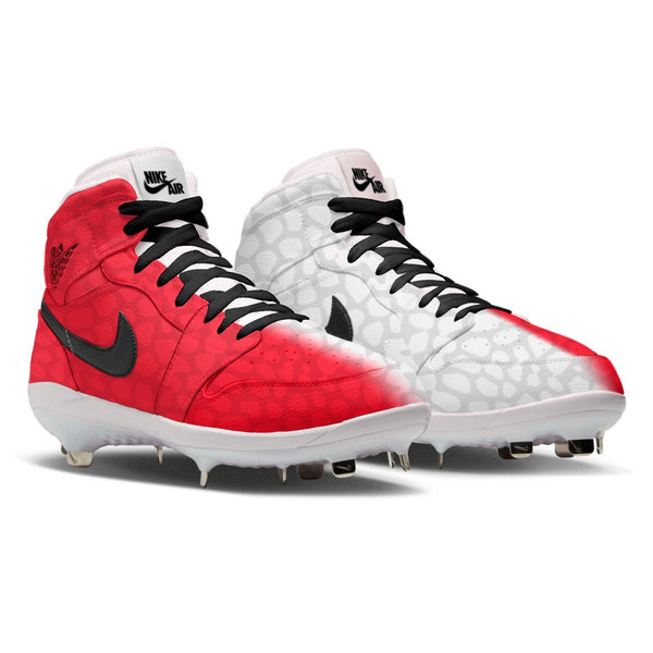 Red Venom Split Jordan 1 Retro Baseball Cleats featuring a red and white split colorway with black Nike Swoosh, snakeskin texture upper, Nike Air collar, and metal spike outsole by Stadium Custom Kicks