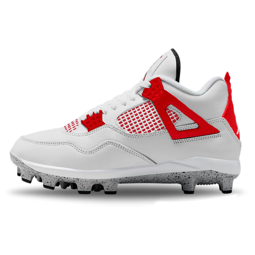 Custom red zone red and white jordan 4 baseball cleats side view.