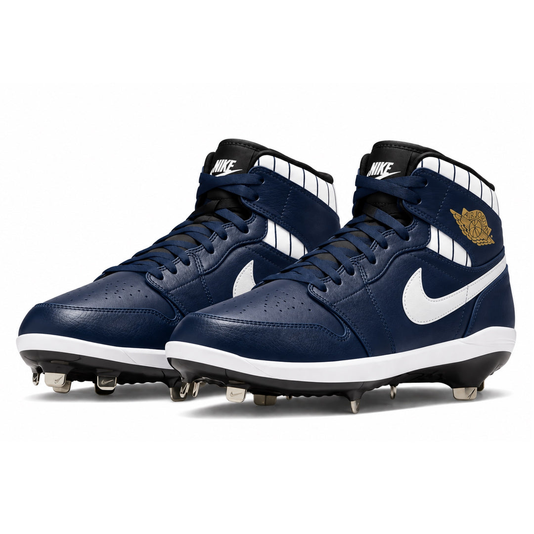 A pair of Nike high-top baseball cleats in navy blue with white swooshes, white and navy blue pinstripes, a gold Air Jordan logo, and black laces, shown on a white background.