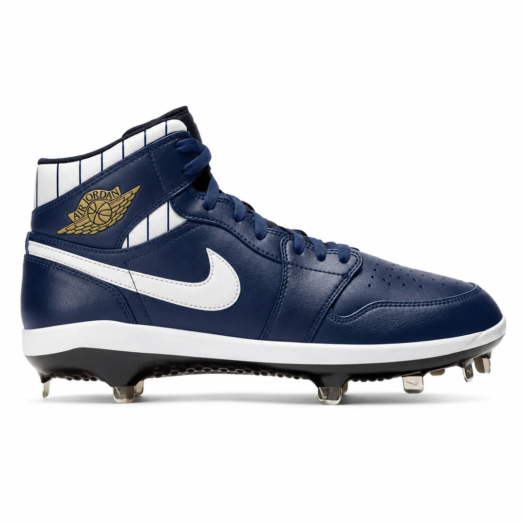 A navy blue high-top baseball cleat featuring a white Nike swoosh, a gold and white Air Jordan Wings logo on the heel, and white pinstripes on the collar, shown against a plain white background.