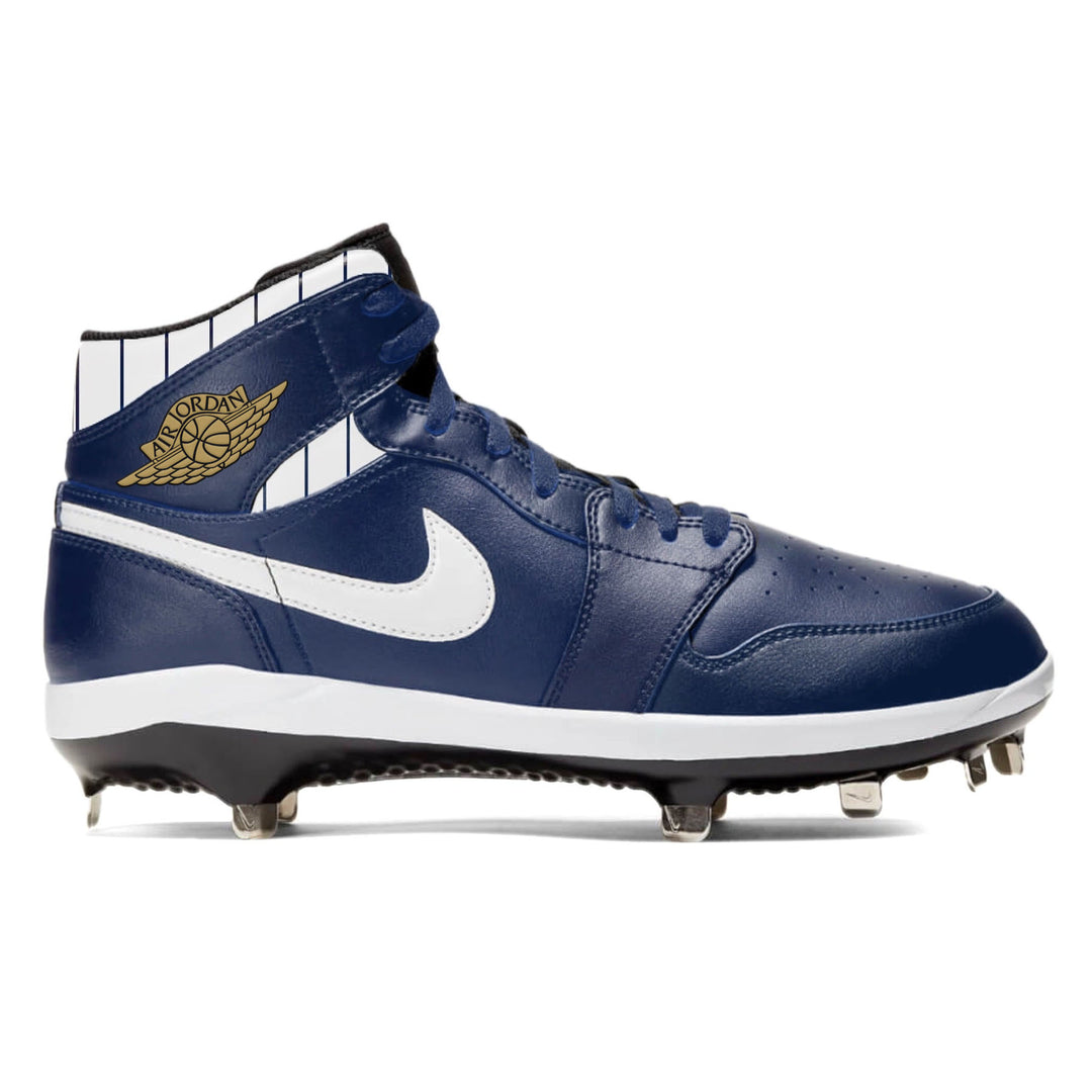 Navy blue and white Jordan baseball cleat from Respect Jordan 1 Retro Cleats collection
