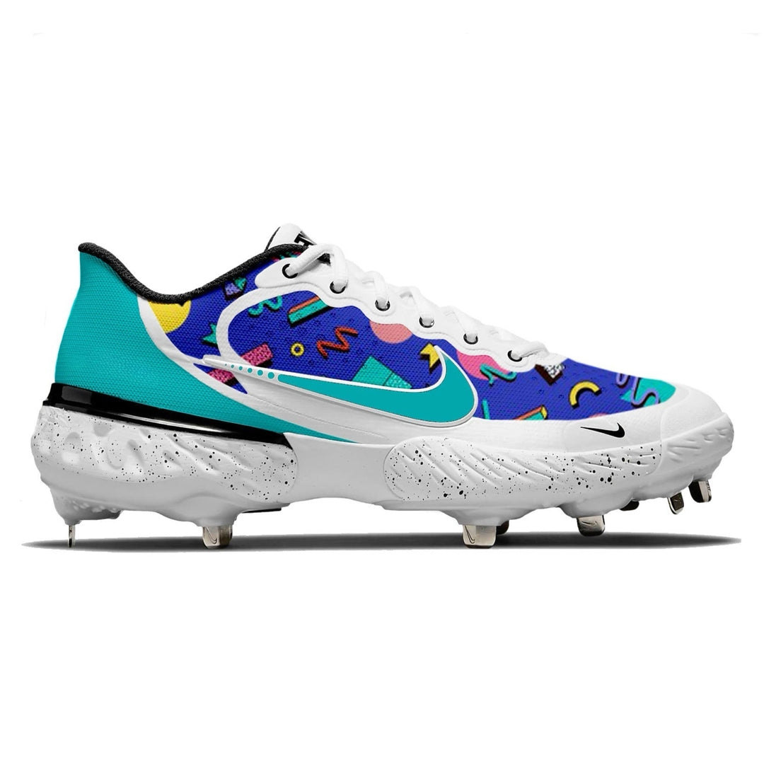 Colorful baseball cleats with a unique design on a white background