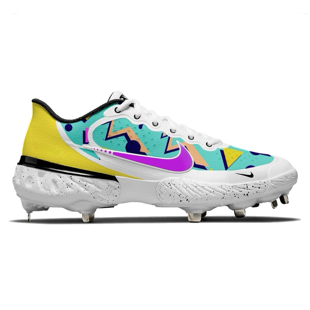 Colorful baseball cleat with geometric design on a white background