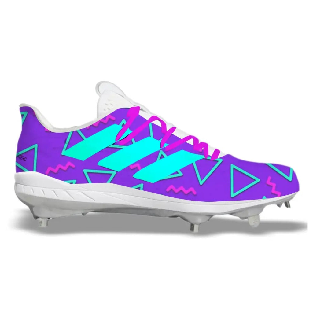 Purple and teal patterned Adidas Adizero Afterburner 8 cleats for retro 90s style
