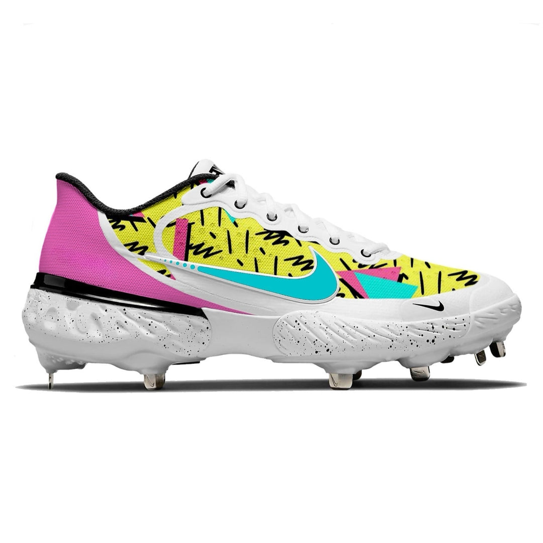 Colorful baseball cleat with a pink and yellow design on a white background