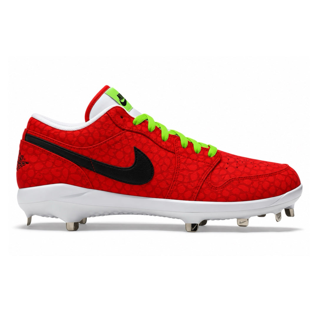 Jordan baseball cleat with a textured pattern, featuring a black Swoosh, white midsole, and bright neon green laces and tongue accent, shown in profile against a white background.