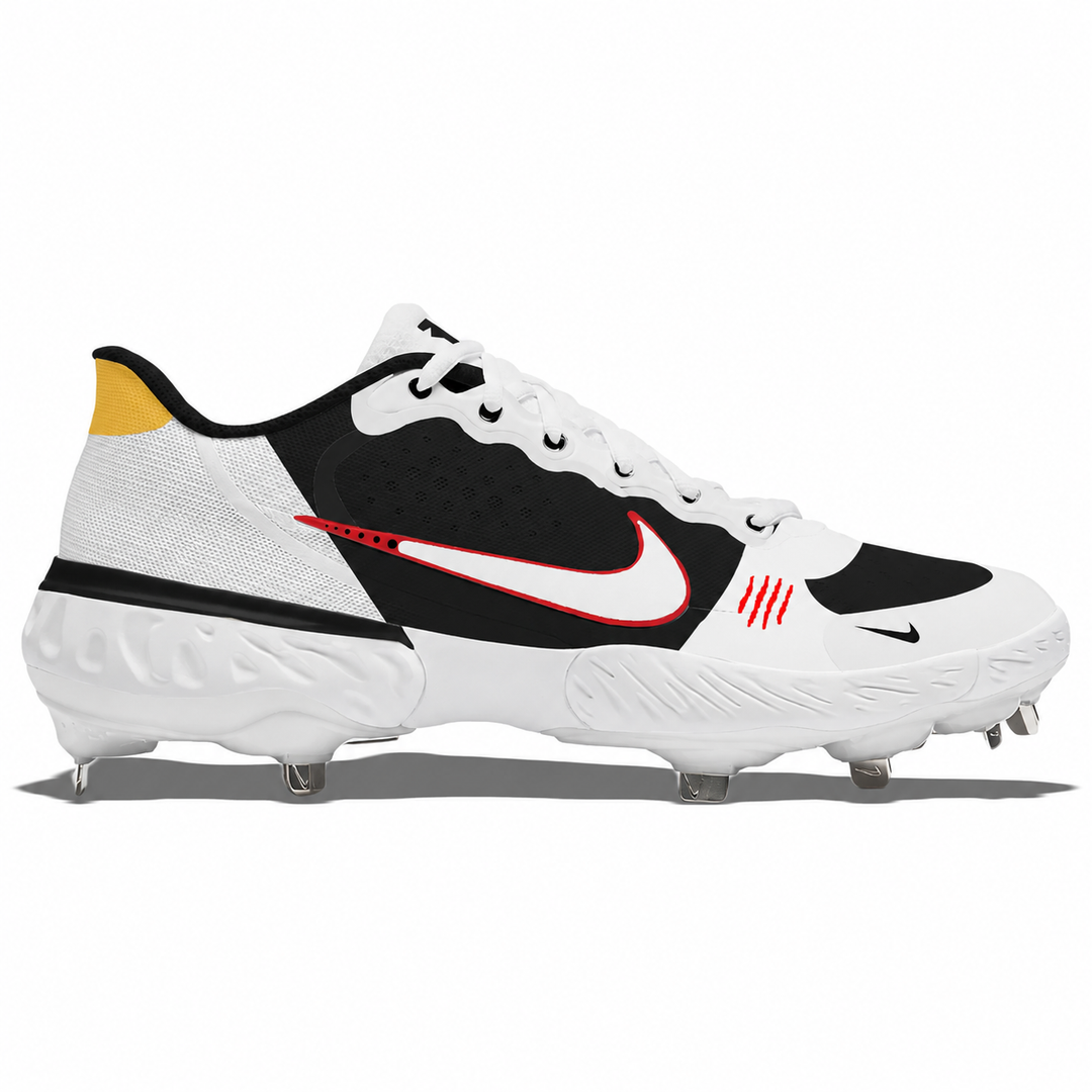 White, black, and yellow Bruce Lee inspired Nike cleat with red accents on a white background