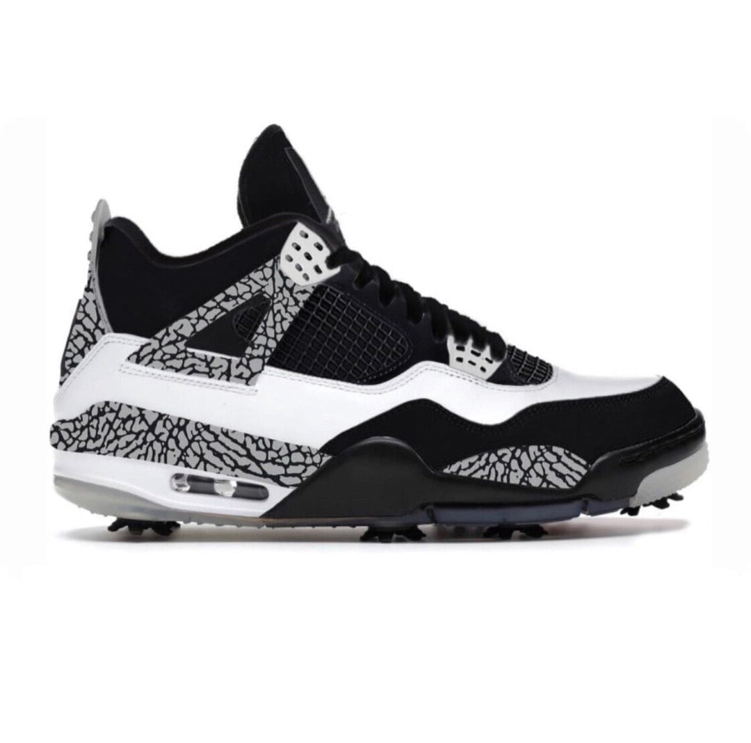 black, white and gray elephant print mid top golf shoes.