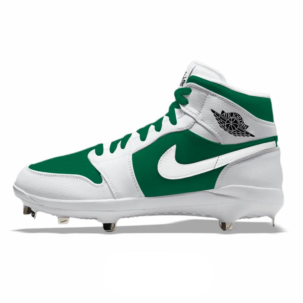 Side view of green and white Jordan 1 baseball cleats with metal spikes and Air Jordan wings logo.