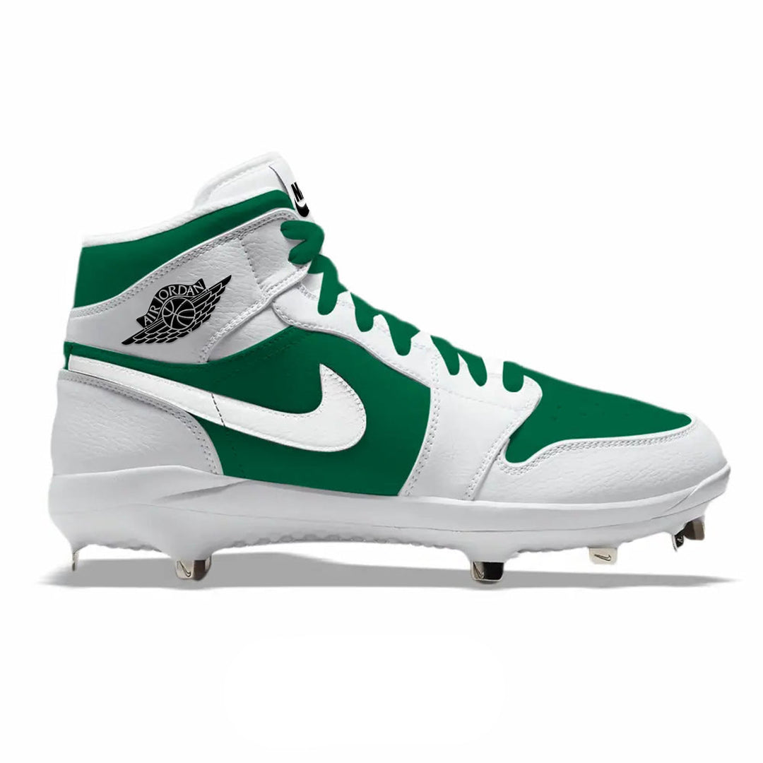 Side view of green and white Jordan 1 baseball cleats with metal spikes and Air Jordan wings logo.