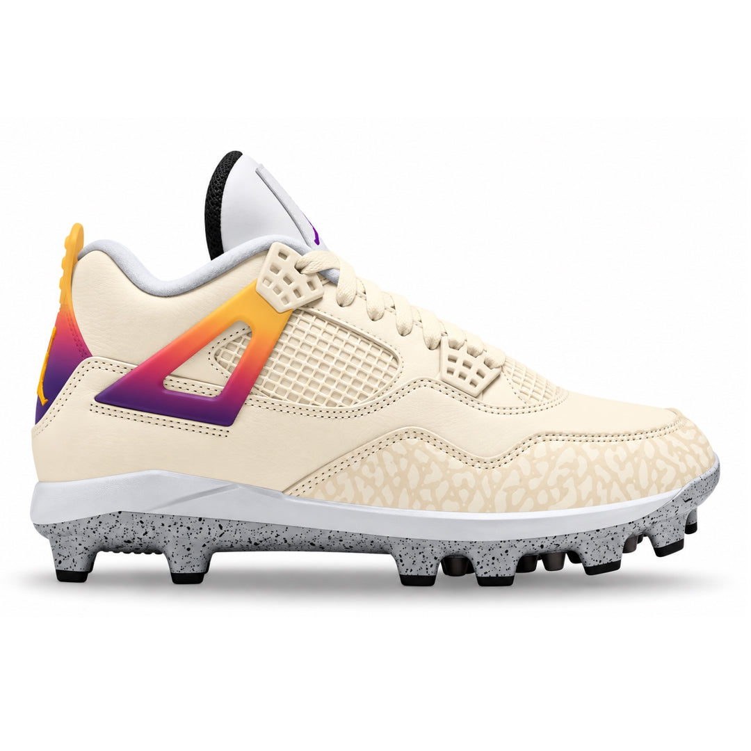 A Nike Air Jordan 4 Retro baseball cleat in a cream and beige colorway with a vibrant orange, yellow, and purple gradient heel tab, set against a plain white background.