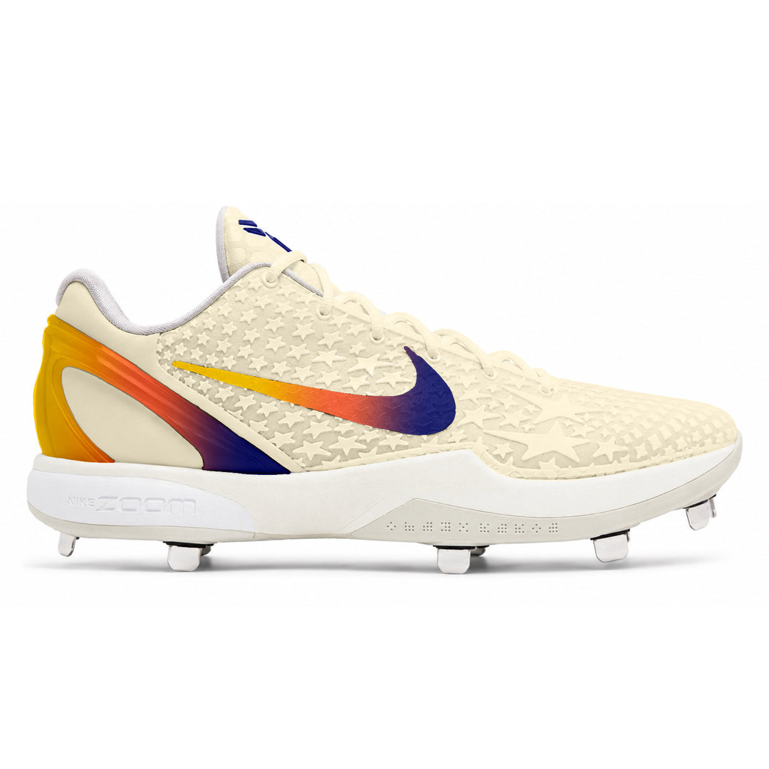 Cream star print with orange and purple gradient Nike Kobe 6 cleats side view by Stadium Custom Kicks
