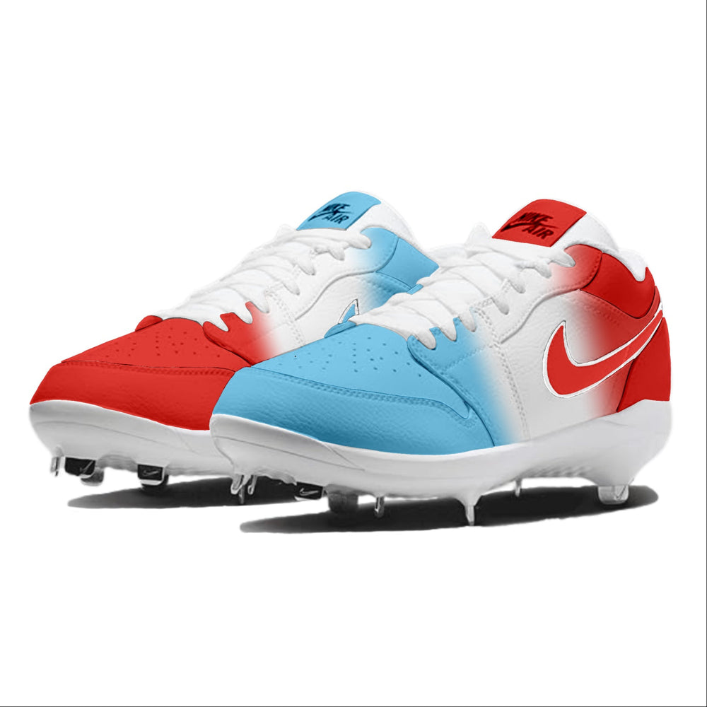 White, red, and blue low top baseball cleats on a white background
