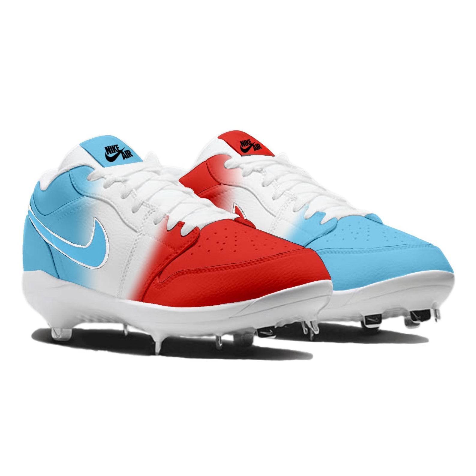 Red, white, and Carolina blue baseball cleats with a split-color fade across the toe boxes, white leather uppers, red Nike Swoosh accents, and a metal spike outsole.