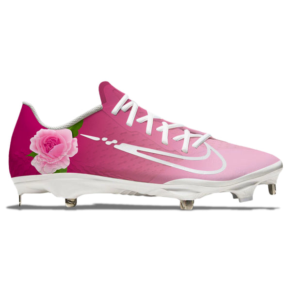 Low-cut baseball cleats with a pink fade from back heel to the toe, with a rose on the outside of the heel area, white laces and white outsole by stadium custom kicks.