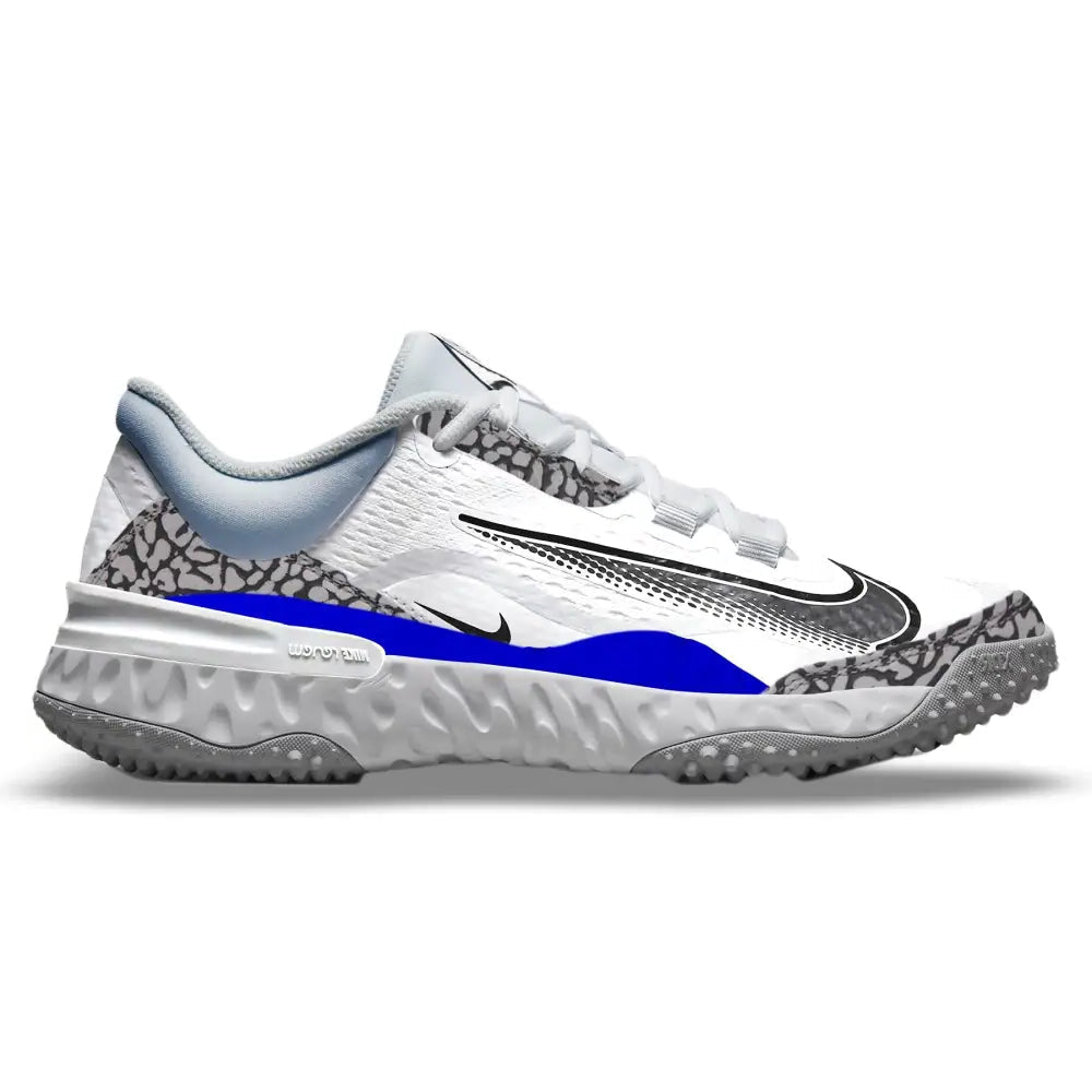 White turf shoe with blue sole on a white background