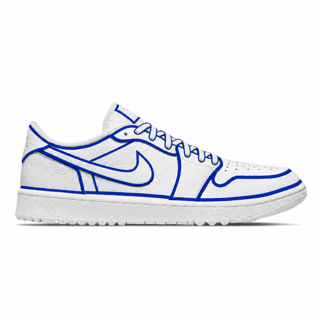 A white Jordan golf shoe with vibrant royal blue outline detailing, shown in a side profile on a clean white background.