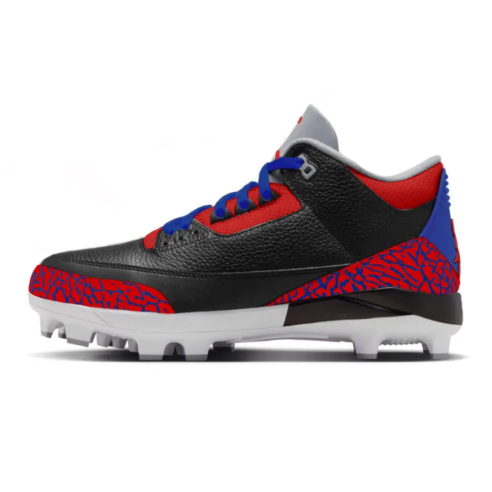 Royal Cement Jordan 3–inspired baseball cleats featuring black leather, red and blue cement print, royal blue laces, and white molded outsole